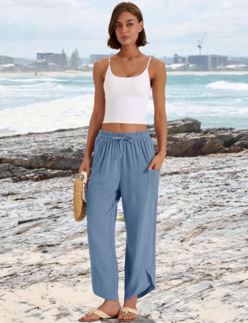 LOMON Linen Pants Women Wide Leg Palazzo Summer Flowy Pants Beach Vacation Clothes Elastic Waist Travel Trousers with Pockets (Blue,L) - Image 2