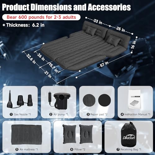 DikaSun Inflatable SUV Air Mattress Bed Car Mattress for SUV, Double-Sided Flocking Travel Camping Bed, Car Sleeping Mattress for Universal SUV with Air Pump 2 Pillows - Image 5