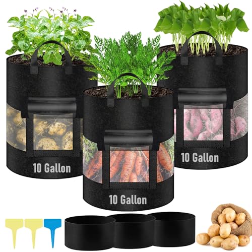 VICAMB 3 Pack 10 Gallon 360Visible Potato Grow BagsHeavy Duty Thickened Nonwoven Fabric Planter Bags with 2 Clear Harvest WindowsRemovable Shading CoverReinforced HandlesVegetable Grow Bags with Labels - Image 1
