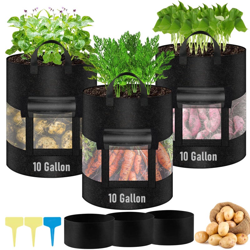 VICAMB 3 Pack 10 Gallon 360Visible Potato Grow BagsHeavy Duty Thickened Nonwoven Fabric Planter Bags with 2 Clear Harvest WindowsRemovable Shading CoverReinforced HandlesVegetable Grow Bags with Labels - Image 2