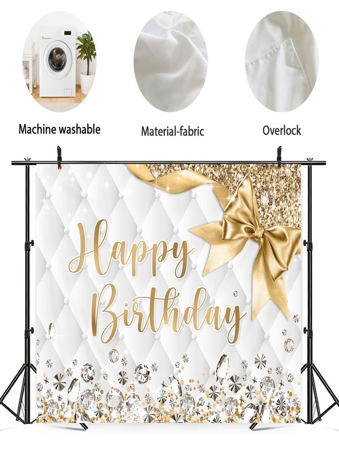 Newsely Gold and White Birthday Backdrop 7Wx5H Photography Happy Birthday Backdrop for Girls Women Diamonds Modern Luxury Elegant Bday Background Party Decorations Banner Photo Booth Props Supplies - Image 4