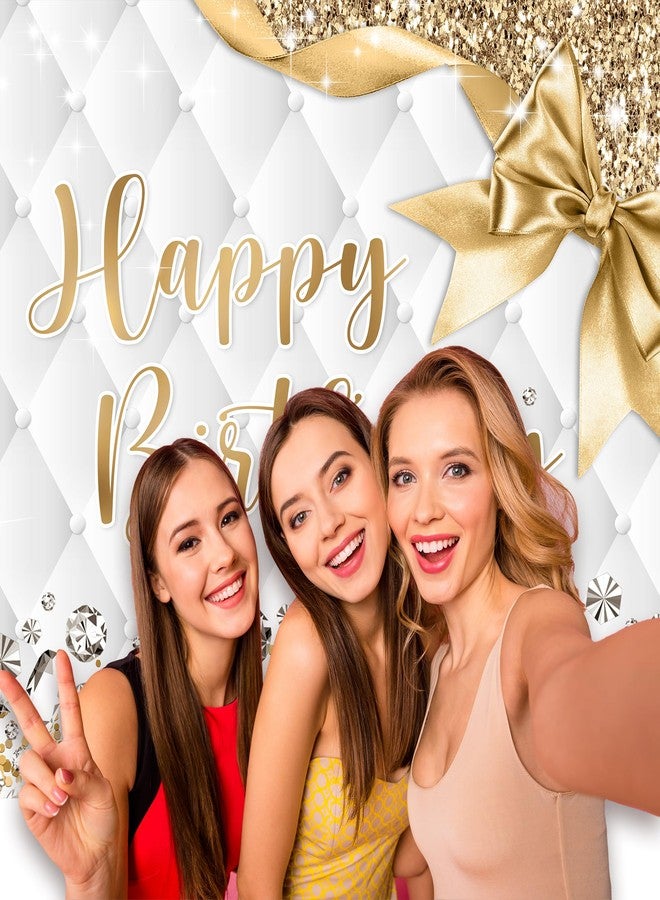 Newsely Gold and White Birthday Backdrop 7Wx5H Photography Happy Birthday Backdrop for Girls Women Diamonds Modern Luxury Elegant Bday Background Party Decorations Banner Photo Booth Props Supplies - Image 3
