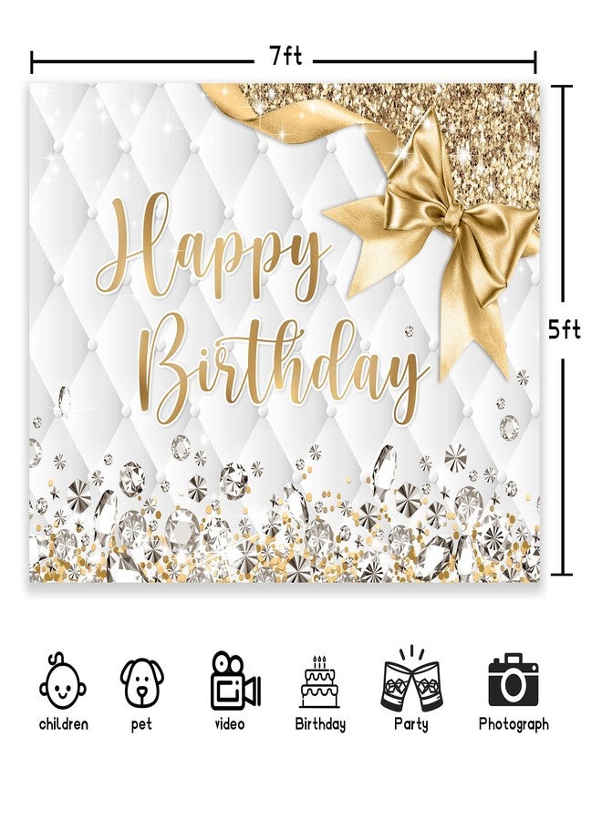 Newsely Gold and White Birthday Backdrop 7Wx5H Photography Happy Birthday Backdrop for Girls Women Diamonds Modern Luxury Elegant Bday Background Party Decorations Banner Photo Booth Props Supplies - Image 2