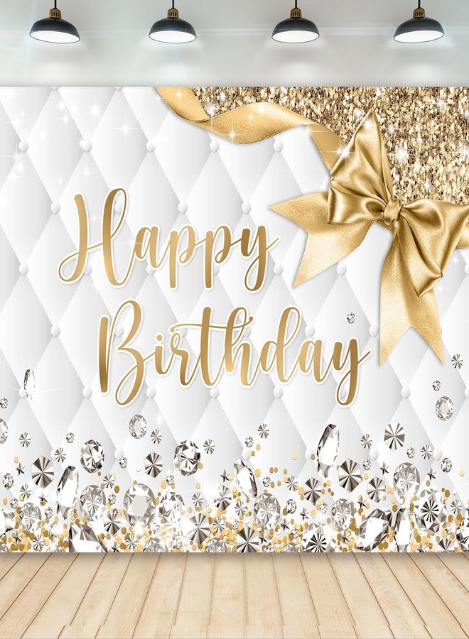 Newsely Gold and White Birthday Backdrop 7Wx5H Photography Happy Birthday Backdrop for Girls Women Diamonds Modern Luxury Elegant Bday Background Party Decorations Banner Photo Booth Props Supplies - Image 1