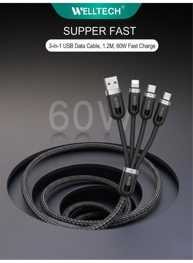 WELLTECH 3 in 1 Charging Cable Multi USB Fast Charging Data Cable Type C Lightning Micro USB Universal Charger Cable for iPhone Android Devices WELLTECH STAR76 - Image 2