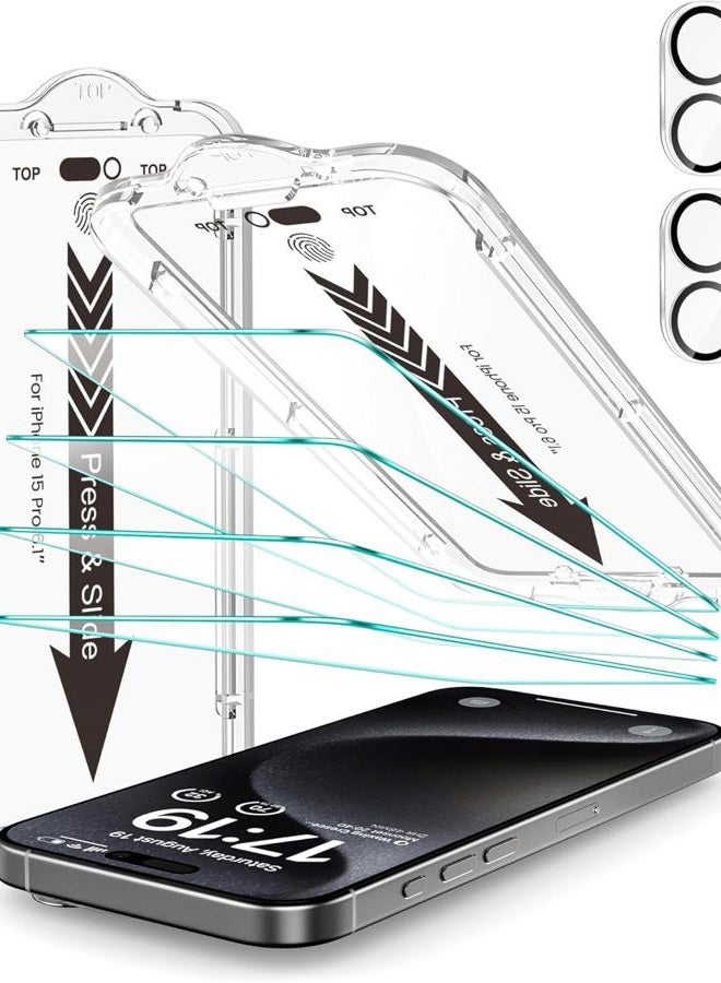 EZ-GLAZ 4 Pack for iPhone 15 Pro Screen Protector [6.1"] With 2 Pack Camera Lens Protector, 9H+ Hardness 12FT Military Grade Shatterproof Scratch Resistant Durable Tempered Glass Film with Flawless - Image 1