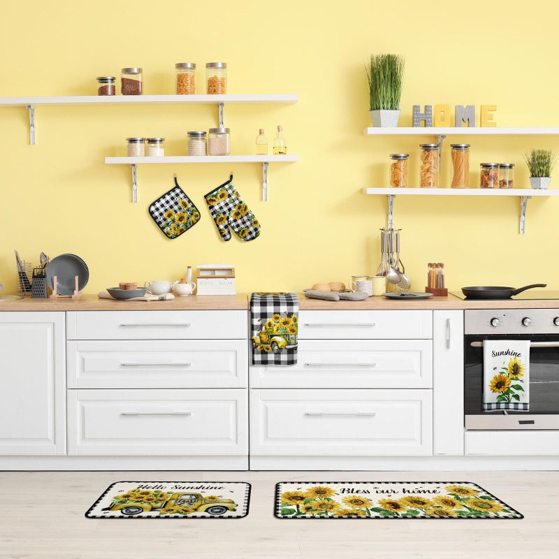 Fanfanwin 10 Pcs Sunflower Kitchen Decor Oven Mitts Pot Holders 2 Kitchen Rugs and 4 Towels for Cooking Baking Mom Gift Home Decor(Beige,Sunflower) - Image 2