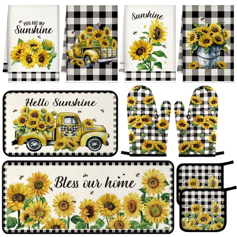 Fanfanwin 10 Pcs Sunflower Kitchen Decor Oven Mitts Pot Holders 2 Kitchen Rugs and 4 Towels for Cooking Baking Mom Gift Home Decor(Beige,Sunflower) - Image 1