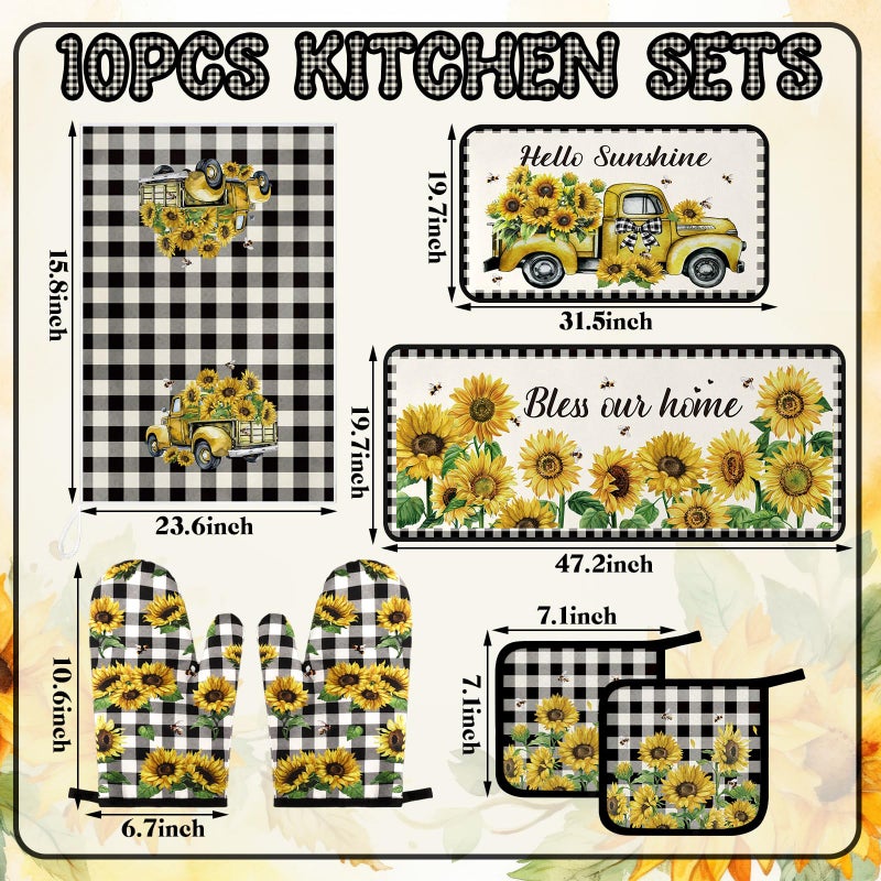 Fanfanwin 10 Pcs Sunflower Kitchen Decor Oven Mitts Pot Holders 2 Kitchen Rugs and 4 Towels for Cooking Baking Mom Gift Home Decor(Beige,Sunflower) - Image 3