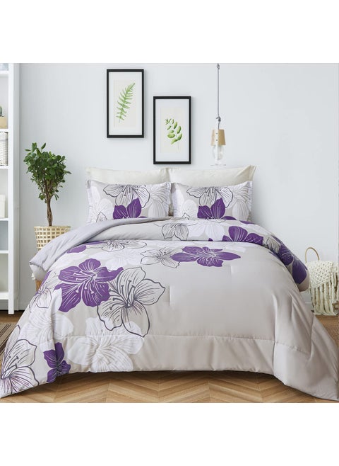 Floral Comforter Set King - 3 Piece Purple Floral Pattern Printed on Grey - Ultra Soft Microfiber Bedding Set Lightweight Boho Bed Comforter Set for All Season (1 Comforter  2 Pillowcases)