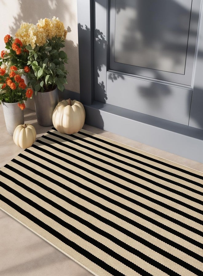 LEEVAN Door Mat Outside Entrance Washable Welcome Mat Black and White Outdoor Rug Farmhouse Front Porch Mats Outside Striped Layered Front Doormat for Porch/Entryway - Image 2