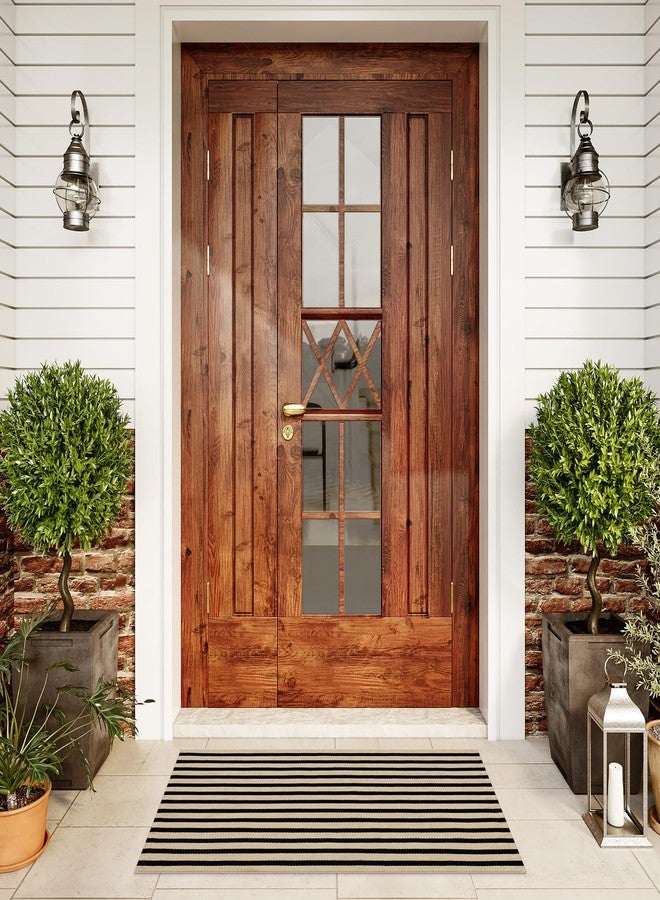 LEEVAN Door Mat Outside Entrance Washable Welcome Mat Black and White Outdoor Rug Farmhouse Front Porch Mats Outside Striped Layered Front Doormat for Porch/Entryway - Image 1
