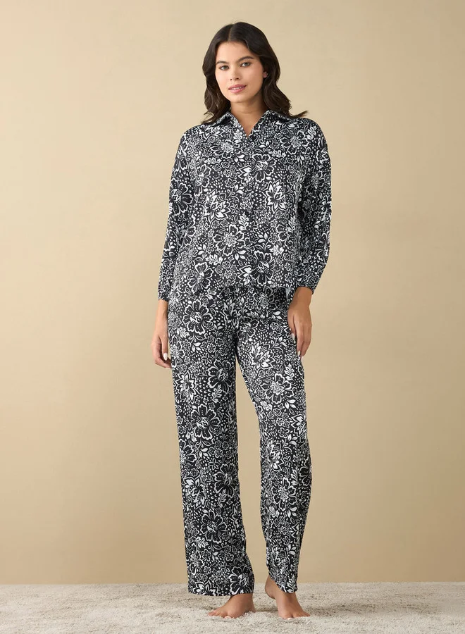Splash FAV Printed Shirt with Long Sleeves and Pyjama Set