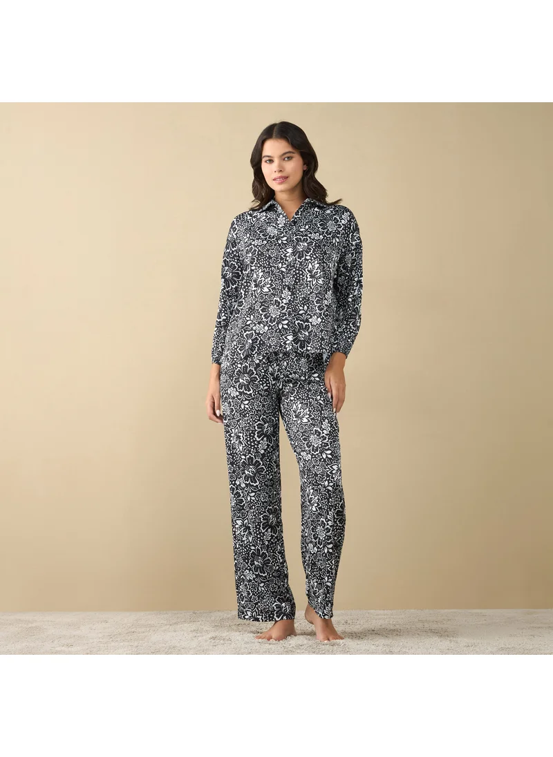 FAV Printed Shirt with Long Sleeves and Pyjama Set