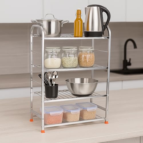 TechSrmaji 4 Layer Foldable Kitchen Rack – Heavy Duty Stainless Steel Storage Shelf for Kitchen, Bathroom | Multipurpose Organizer for Utensils, Groceries, Vegetables, Bottles – Rustproof Space Saver - Image 3