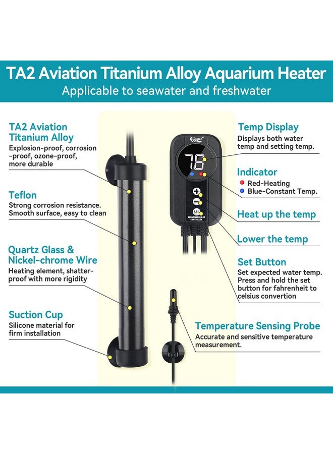 هايغر سخان حوض أسماك هيغر البحري ٥٠ واط، ١٠٠ واط، ٢٠٠ واط، ٣٠٠ واط، ٥٠٠ واط، سخان تيتانيوم مع معايرة درجة الحرارة، وحدة تحكم رقمية LED، مسبار درجة الحرارة، سخان حوض أسماك غاطس للمياه المالحة والعذبة - Image 3