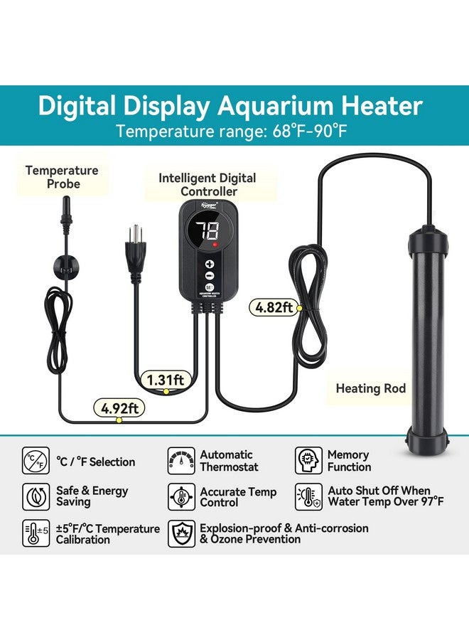 هايغر سخان حوض أسماك هيغر البحري ٥٠ واط، ١٠٠ واط، ٢٠٠ واط، ٣٠٠ واط، ٥٠٠ واط، سخان تيتانيوم مع معايرة درجة الحرارة، وحدة تحكم رقمية LED، مسبار درجة الحرارة، سخان حوض أسماك غاطس للمياه المالحة والعذبة - Image 2
