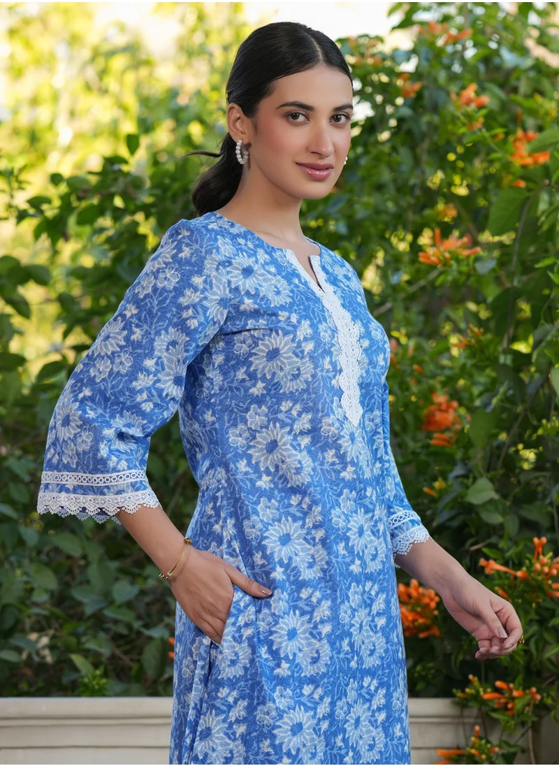 كولابا Blue Cotton Printed Kurta 2Pc Set