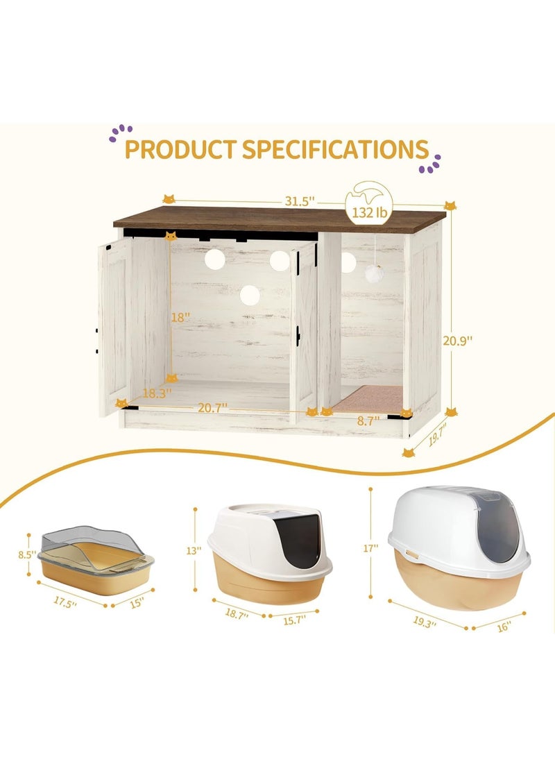 Gogoya Cat Litter Box Enclosure, Hidden Litter Box Cabinet Furniture with Bell, Indoor Cat House, Farmhouse Style, 80x50x53cm, for Hallway, Bedroom,Rustic Brown and White - Image 5