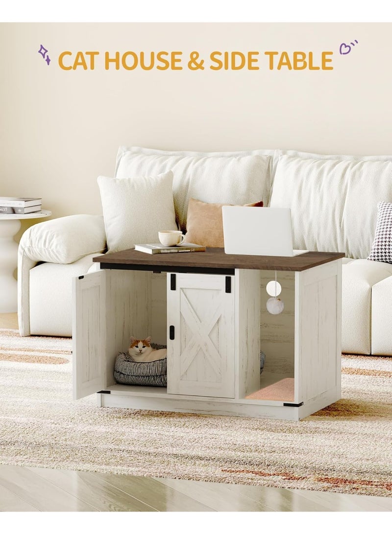 Gogoya Cat Litter Box Enclosure, Hidden Litter Box Cabinet Furniture with Bell, Indoor Cat House, Farmhouse Style, 80x50x53cm, for Hallway, Bedroom,Rustic Brown and White - Image 2