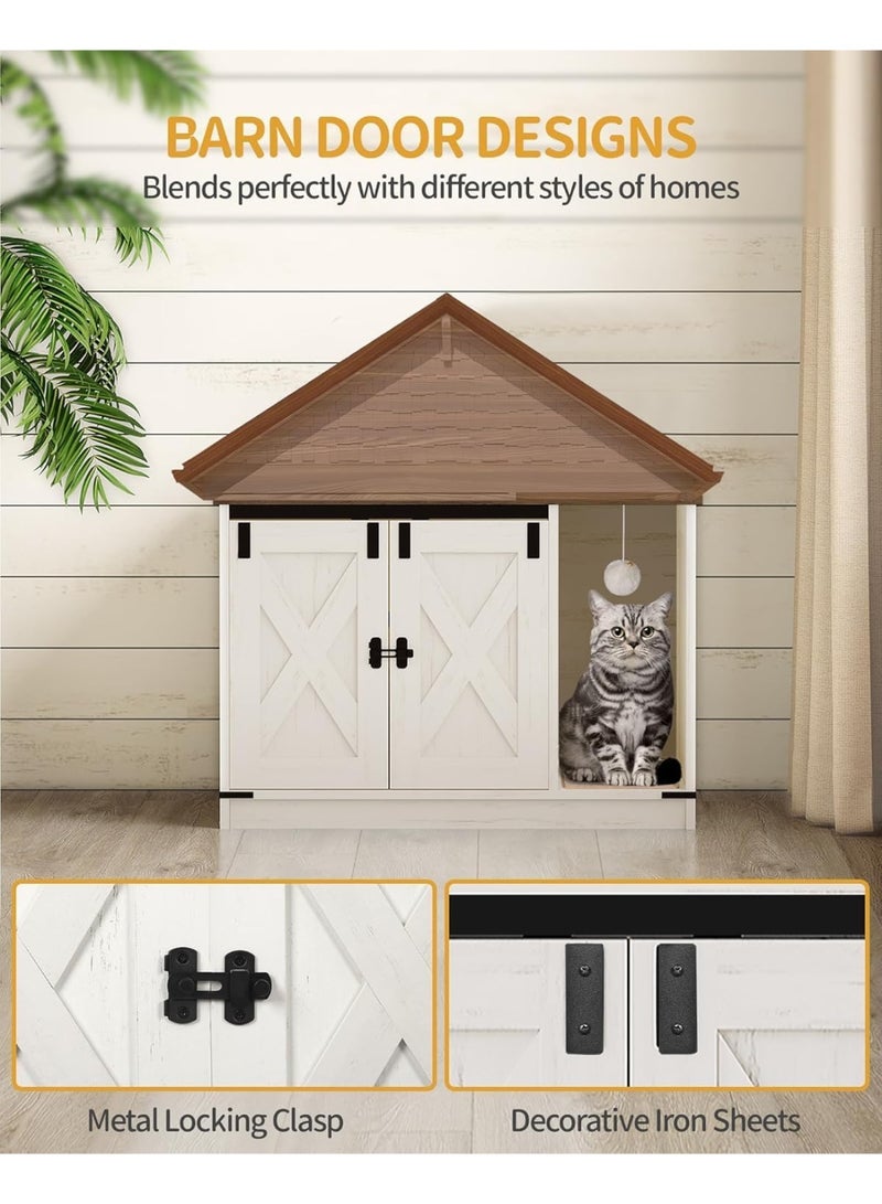 Gogoya Cat Litter Box Enclosure, Hidden Litter Box Cabinet Furniture with Bell, Indoor Cat House, Farmhouse Style, 80x50x53cm, for Hallway, Bedroom,Rustic Brown and White - Image 4