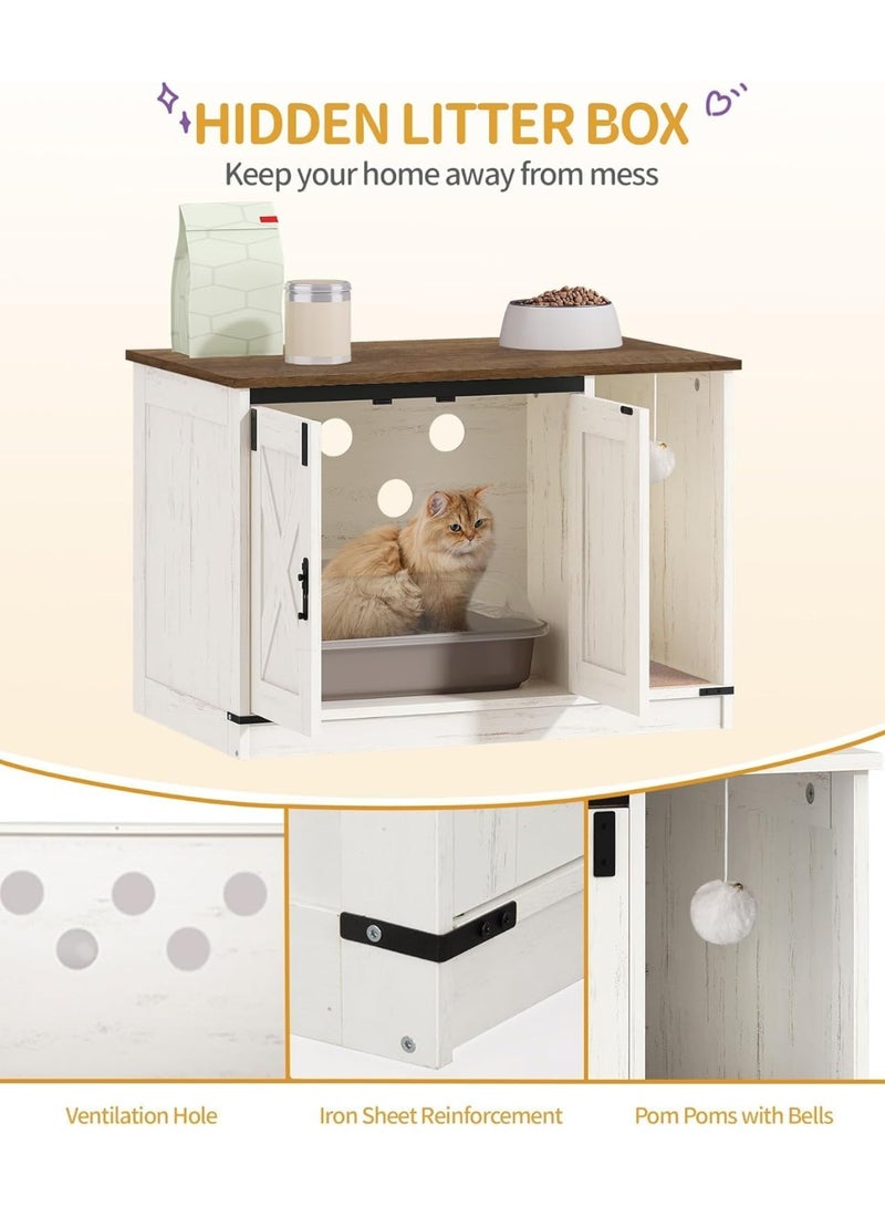 Gogoya Cat Litter Box Enclosure, Hidden Litter Box Cabinet Furniture with Bell, Indoor Cat House, Farmhouse Style, 80x50x53cm, for Hallway, Bedroom,Rustic Brown and White - Image 3
