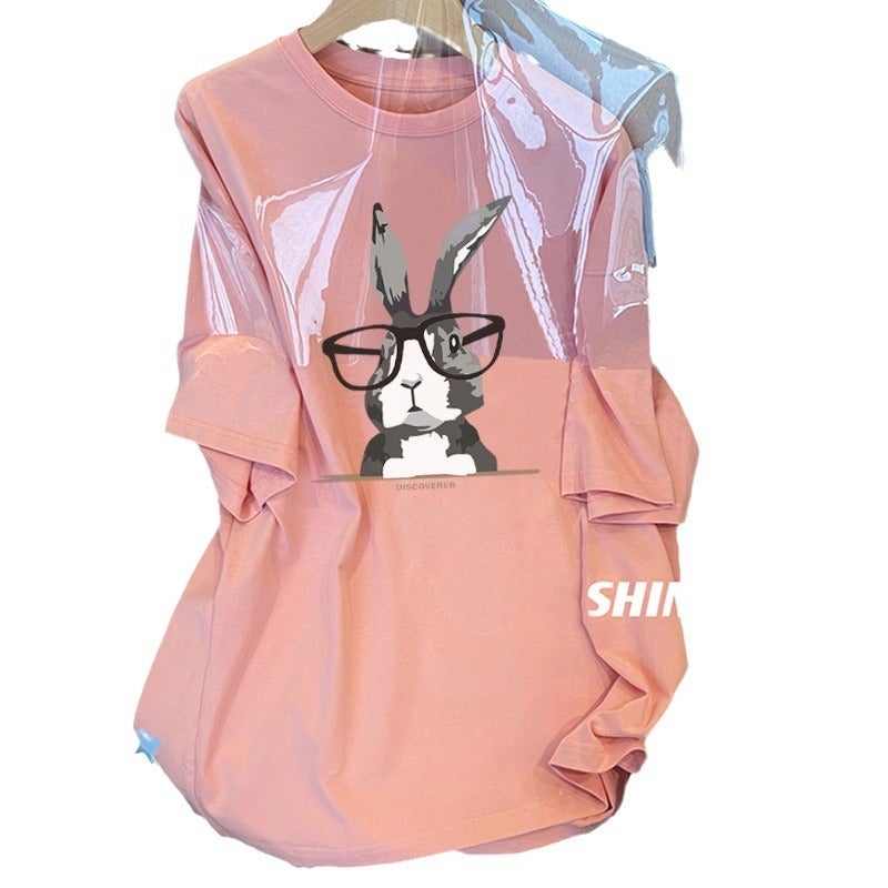 Shoulder Cartoon Short-Sleeved T-Shirt Women'S Arrival Western-Style Rabbit Printed Loose Mid-Length Round Neck T-Shirt Top - Image 2