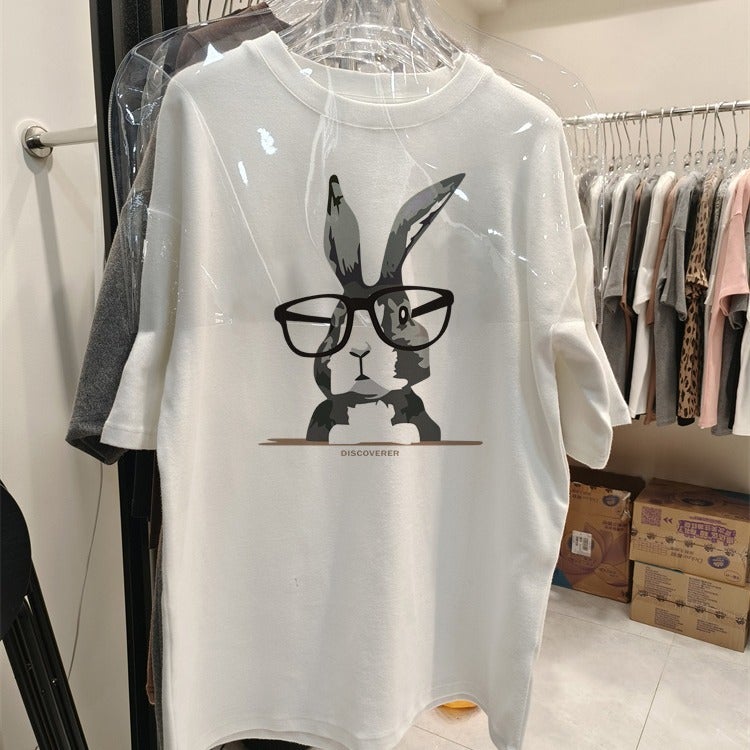 Shoulder Cartoon Short-Sleeved T-Shirt Women'S Arrival Western-Style Rabbit Printed Loose Mid-Length Round Neck T-Shirt Top - Image 1