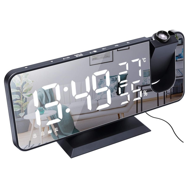 ThreeH Projection Alarm Clock for Bedroom Large 74 LED Mirror Display 4 Dimmer Radio Alarm Clock with USB Charging 180 Rotable 2 Sounds BlackWhite