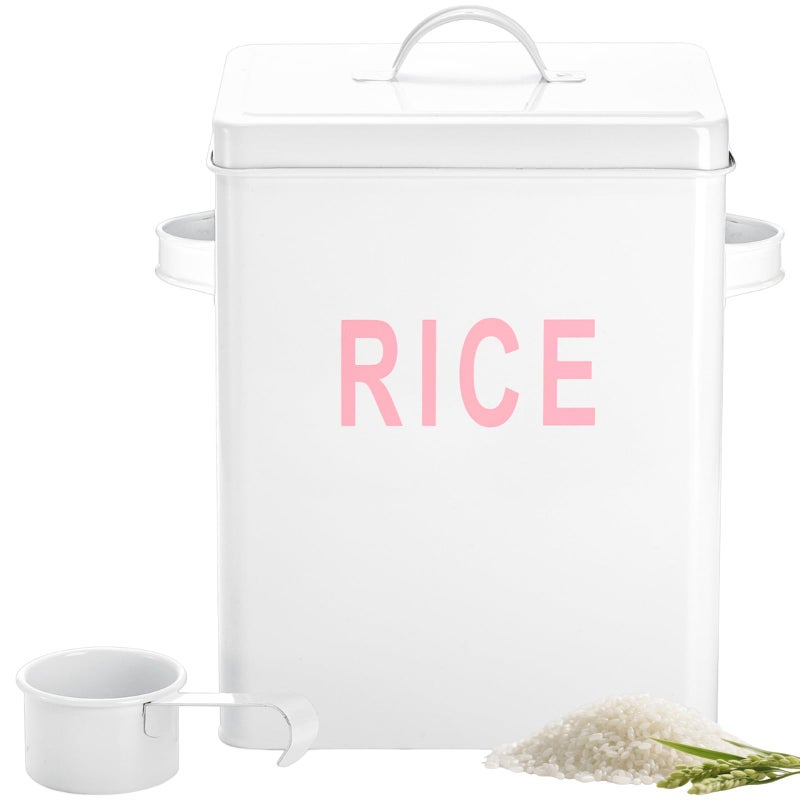 Youeon 10 Lbs Metal Rice Storage Container, Square Rice Canister with Lid and Measuring Scoop, Countertop Sealed Food Storage Container for Cereal, Beans, Pet Food, White - Image 1