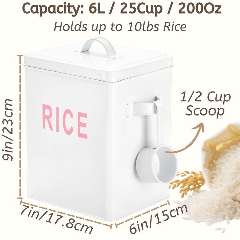 Youeon 10 Lbs Metal Rice Storage Container, Square Rice Canister with Lid and Measuring Scoop, Countertop Sealed Food Storage Container for Cereal, Beans, Pet Food, White - Image 2