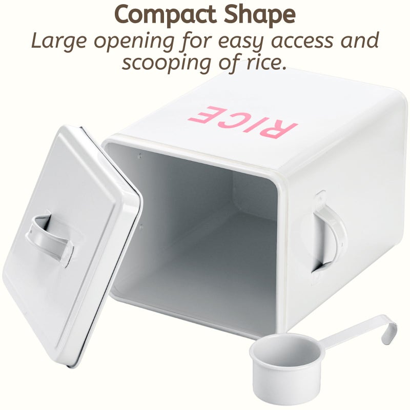 Youeon 10 Lbs Metal Rice Storage Container, Square Rice Canister with Lid and Measuring Scoop, Countertop Sealed Food Storage Container for Cereal, Beans, Pet Food, White - Image 4