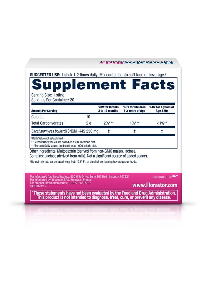 Florastor Kids Daily Probiotic Supplement, Unflavored Powder Mixes with Food or Beverage, Use with Antibiotics, Saccharomyces Boulardii CNCM I-745 (20 Sachets), Pack of 2 - Image 2