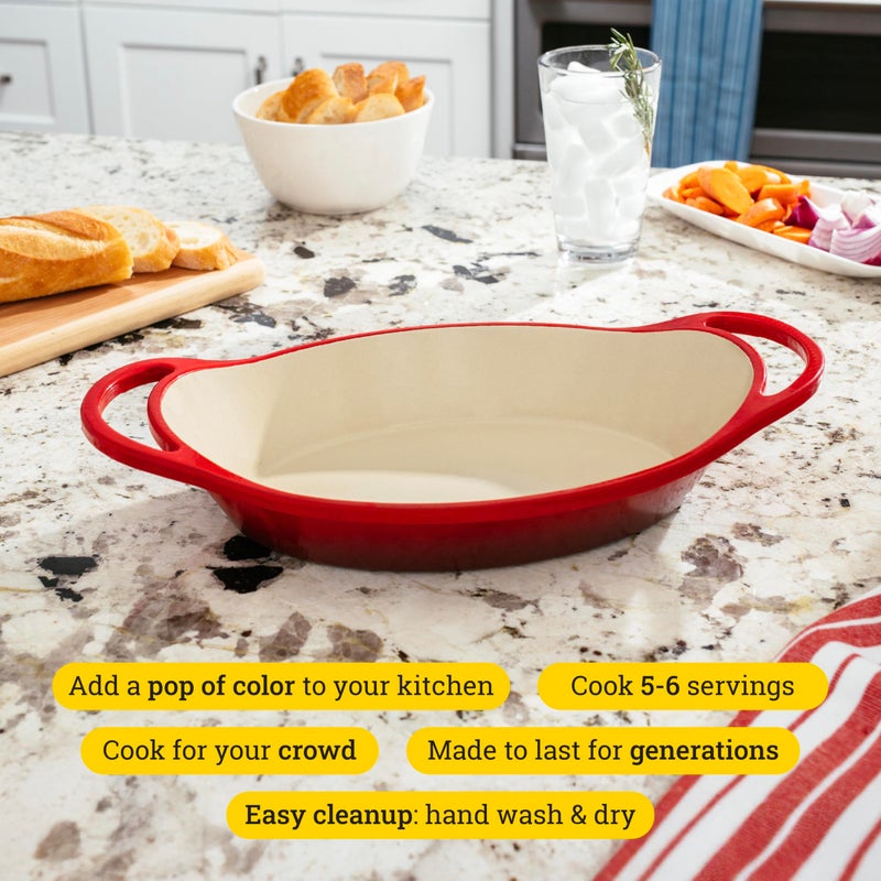Lodge 2 Quart Enameled Cast Iron Oval Caserole â€“ Dual Handles â€“ Oven Safe up to 500Â° F or on Stovetop - Use to Marinate, Cook, Bake, Refrigerate and Serve â€“ Red - Image 1