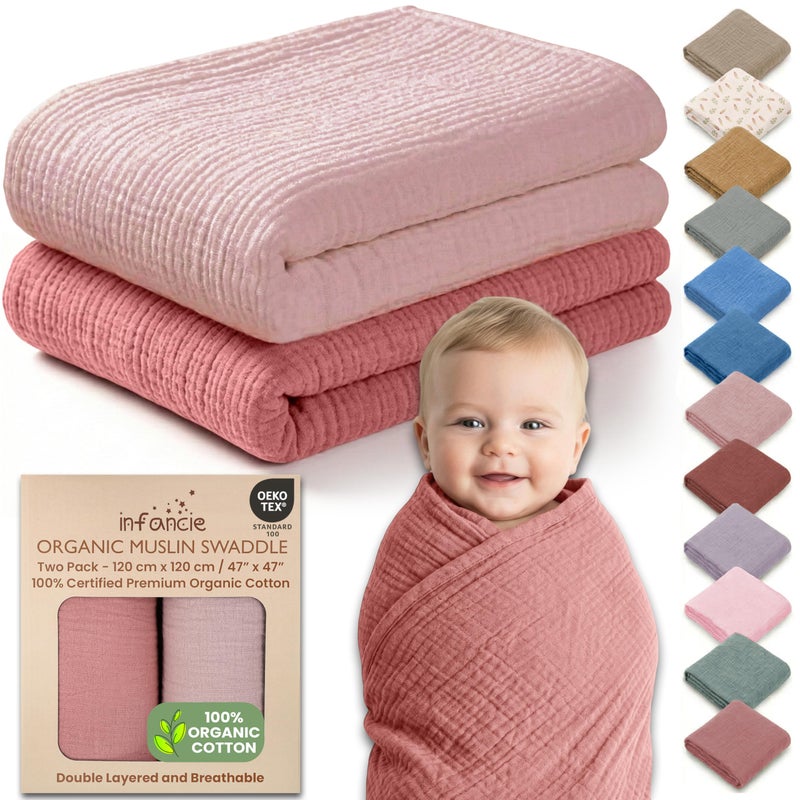infancie 100% Organic Cotton Muslin Baby Blanket - 47 x 47 Inch Breathable Muslin Baby Girl Blanket, Hypoallergenic Double-Layer, Soft and Cozy Newborn Baby Blanket for Everyday Use (Rose/Peach) - Image 1