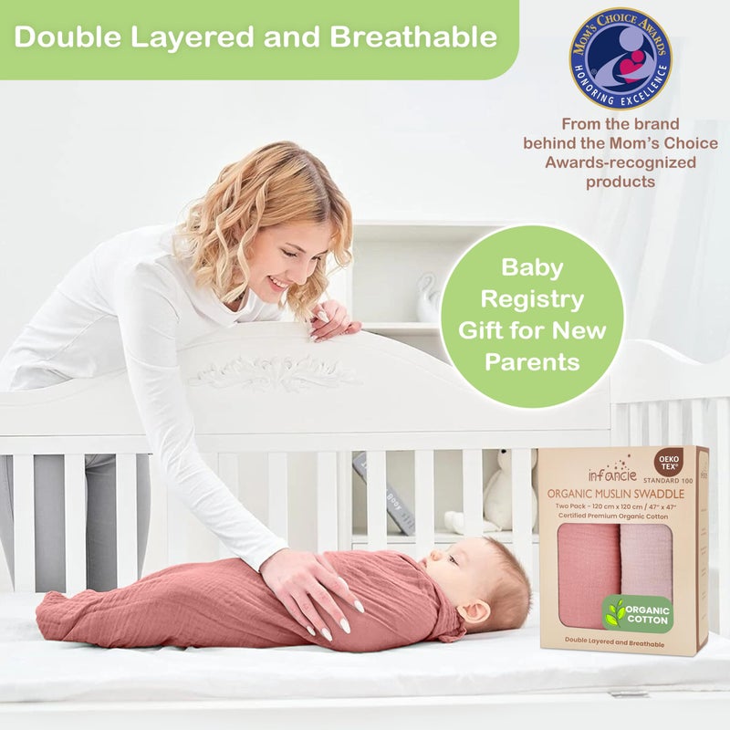 infancie 100% Organic Cotton Muslin Baby Blanket - 47 x 47 Inch Breathable Muslin Baby Girl Blanket, Hypoallergenic Double-Layer, Soft and Cozy Newborn Baby Blanket for Everyday Use (Rose/Peach) - Image 3