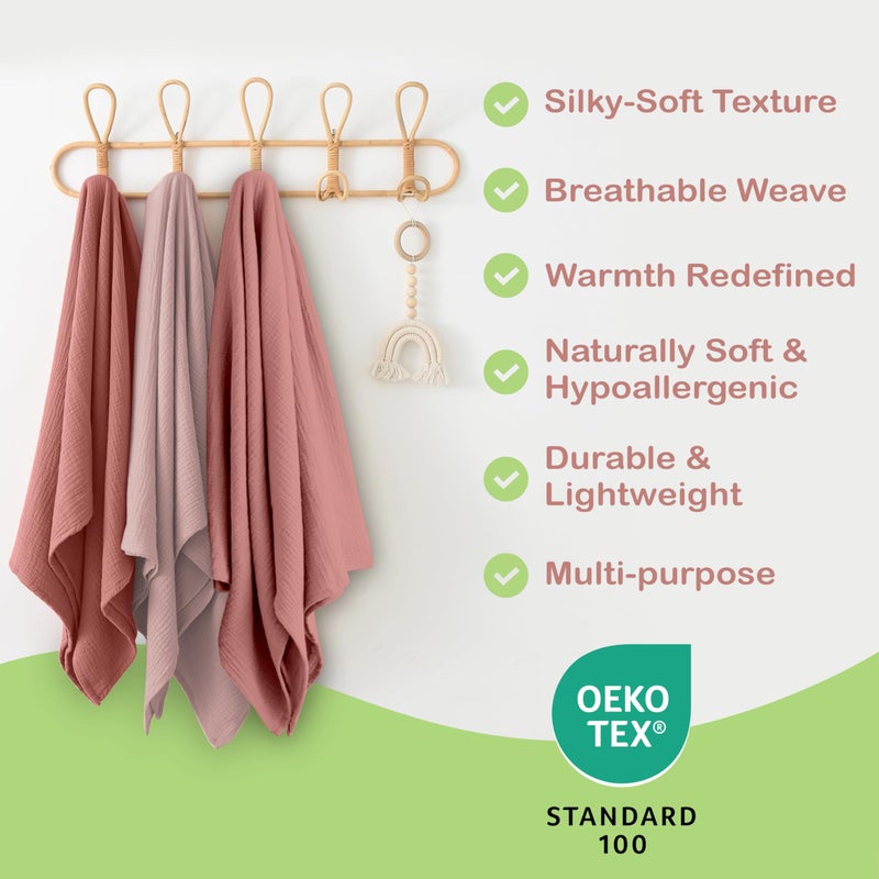 infancie 100% Organic Cotton Muslin Baby Blanket - 47 x 47 Inch Breathable Muslin Baby Girl Blanket, Hypoallergenic Double-Layer, Soft and Cozy Newborn Baby Blanket for Everyday Use (Rose/Peach) - Image 5