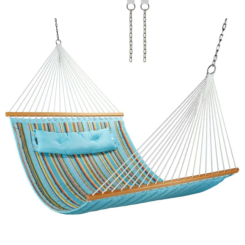 CHULIM 12 FT Double Quilted Fabric Hammock with Spreader Bars and Pillow 450 LBS Weight Capacity 2 Person Hammock for Outdoor Patio Backyard Poolside Blue Stripes