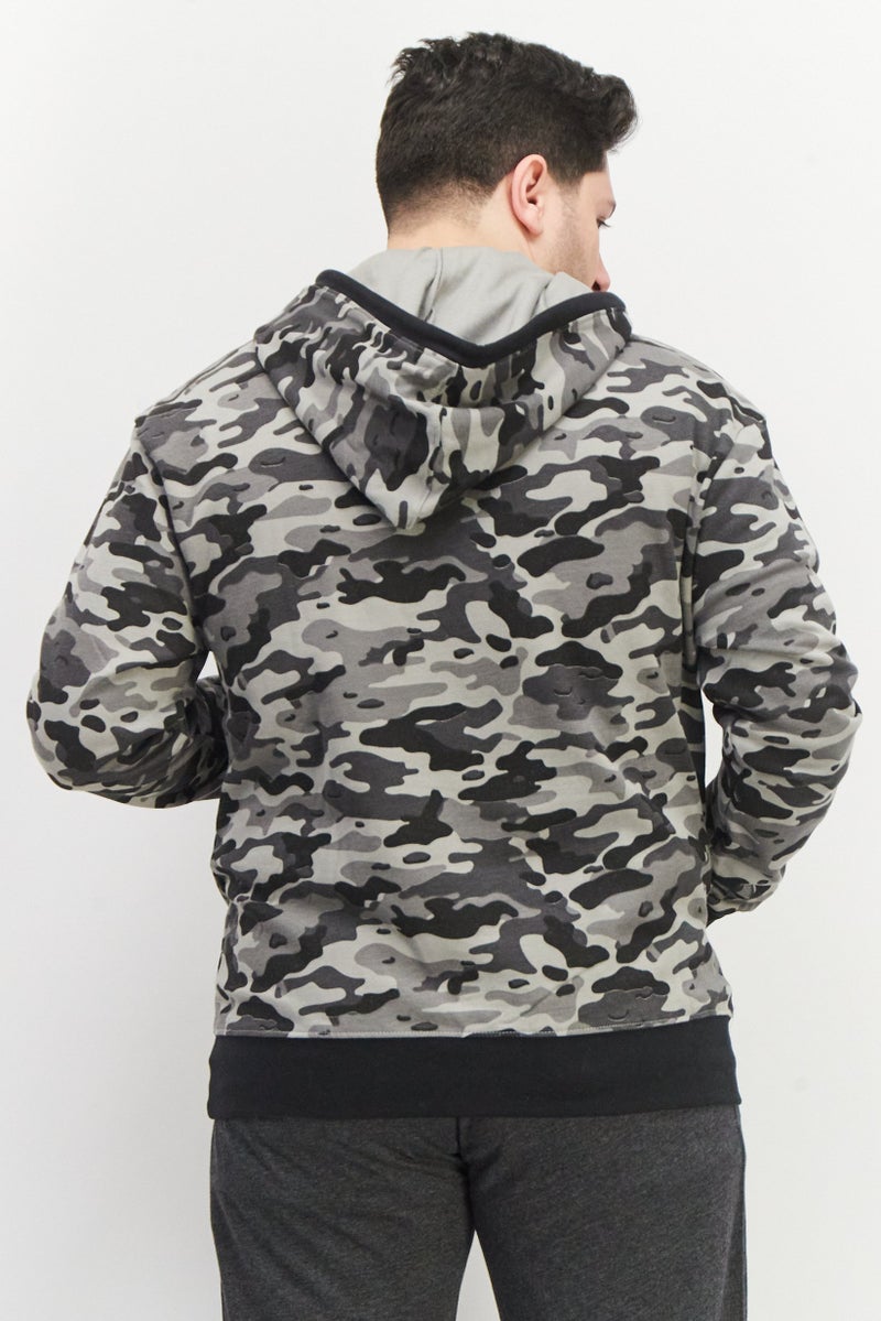 Sovereign Code سويت شيرت رجالي بغطاء رأس بطبعة تمويه بأكمام طويلة، رمادي/أسود - Image 2