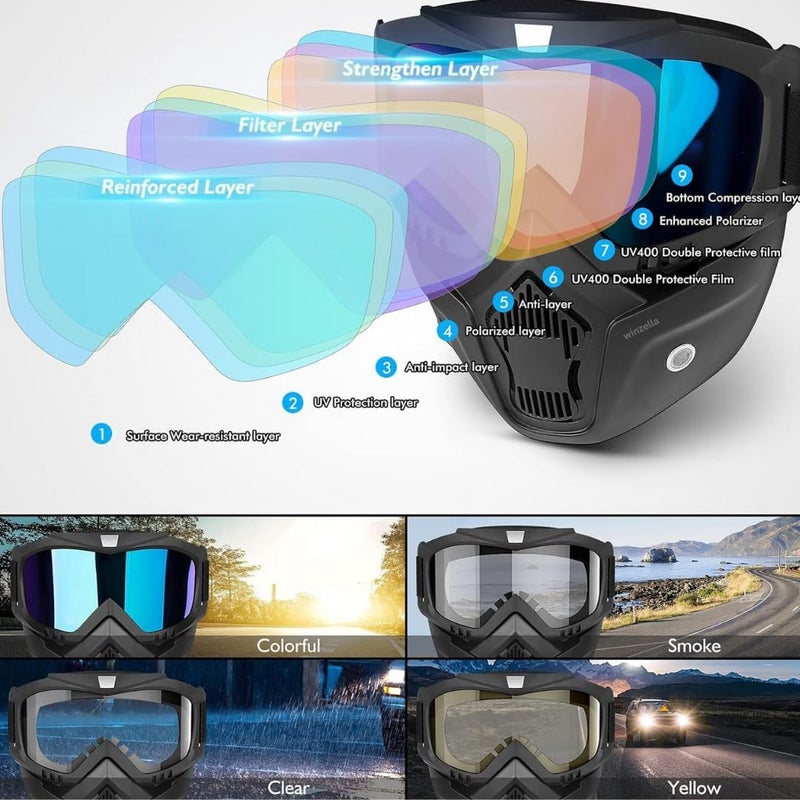 JB Export قناع نظارات جي بي إكسبورت المضاد للخدش مع حماية من الأشعة فوق البنفسجية للوجه المفتوح والنظارات مقاوم للرياح ودرع ضد الأوساخ بحزام قابل للتعديل مع وسادة من الفوم الناعم وقابل للفصل للدراجات وسباقات الطرق الوعرة وركوب الدراجات للجنسين - Image 3