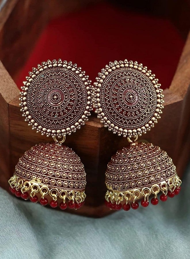 Shree Ju™ Traditional and Exclusive Attractive Meenakari Jewellery Maroon Jhumka Brass Ethnic Earrings set Golden Pearl Drop Jhumki For Girls Women - Image 5