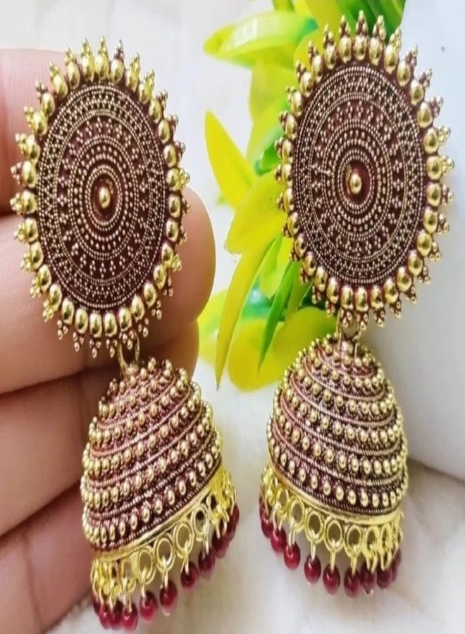 Shree Ju™ Traditional and Exclusive Attractive Meenakari Jewellery Maroon Jhumka Brass Ethnic Earrings set Golden Pearl Drop Jhumki For Girls Women - Image 4