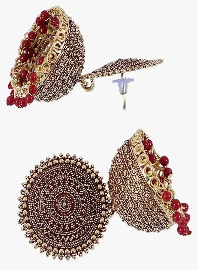 Shree Ju™ Traditional and Exclusive Attractive Meenakari Jewellery Maroon Jhumka Brass Ethnic Earrings set Golden Pearl Drop Jhumki For Girls Women - Image 3