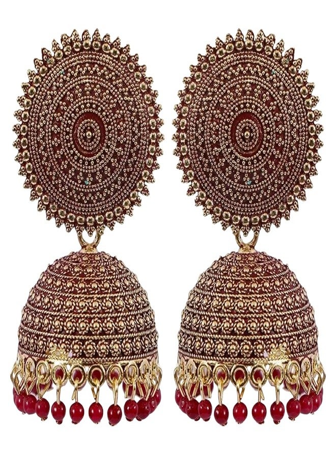 Shree Ju™ Traditional and Exclusive Attractive Meenakari Jewellery Maroon Jhumka Brass Ethnic Earrings set Golden Pearl Drop Jhumki For Girls Women - Image 1