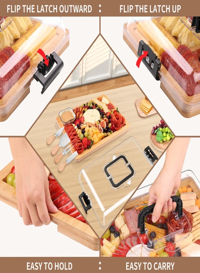 CAWIU Charcuterie Board with Lid and Handle - Portable Travel Design Bamboo Cheese Board Set with 4 Cheese Tools, Gift for Housewarming, Weddings, Picnics(1 Compartment, Black) - Image 2