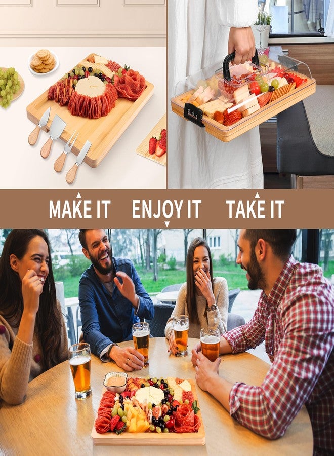CAWIU Charcuterie Board with Lid and Handle - Portable Travel Design Bamboo Cheese Board Set with 4 Cheese Tools, Gift for Housewarming, Weddings, Picnics(1 Compartment, Black) - Image 3
