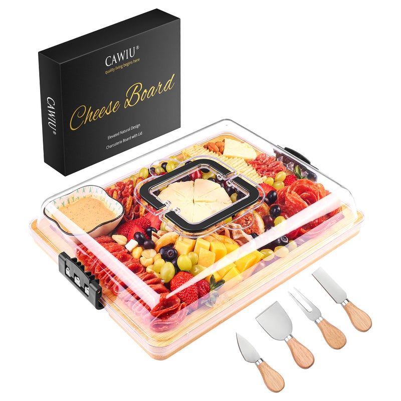 CAWIU Charcuterie Board with Lid and Handle - Portable Travel Design Bamboo Cheese Board Set with 4 Cheese Tools, Gift for Housewarming, Weddings, Picnics(1 Compartment, Black) - Image 1