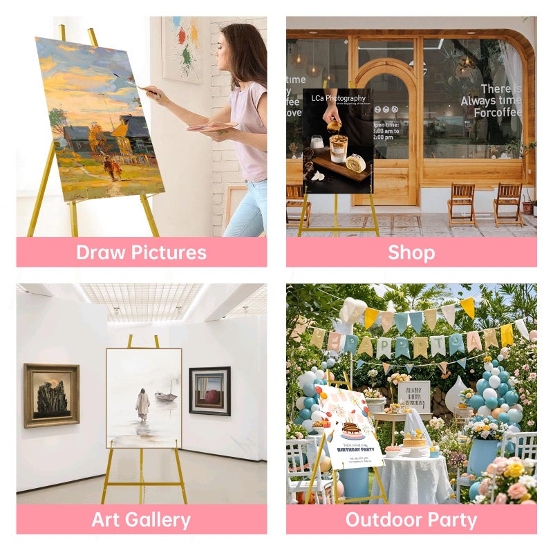 Fatilin Gold Easel Stand for Signâ€“Adjustable Floor Heavy Duty Metal Display Easel for Wedding Signs, Art, Posters, Pictures Welcome Signs 4-Tier Height Commercial Display Easel for Parties & Galleries - Image 4