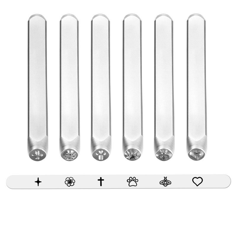 Yoption 6pcs Jewelry Metal Stamping Set, Heart Flower Star Paw Bee Cross Metal Stamps Punch Kit 4mm for Stamping Metal, Jewelry Working - Image 1