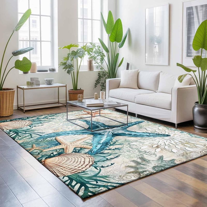 Hallway Runner Rug 2.7'x5', Coastal Starfish Washable Bathroom Area Rugs for Kitchen Bedroom Laundry, Ocean Coral Starfish Nautical Map Non Slip Door Mat Indoor Entrance Floor Throw Bedsides Carpet - Image 5